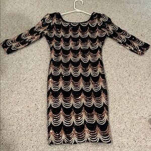 Crystal Doll Black and Gold Sequin Long Sleeve Dress